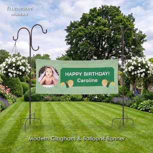 Green Gingham Glitter Balloons Photo Birthday Banner