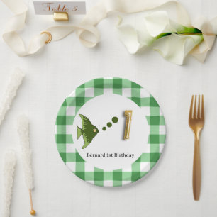 Green Gingham Gold Foil Balloon Fish 1st Birthday Paper Plate