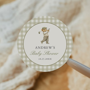 Green Gingham Golf Boy Baby Shower Classic Round Sticker