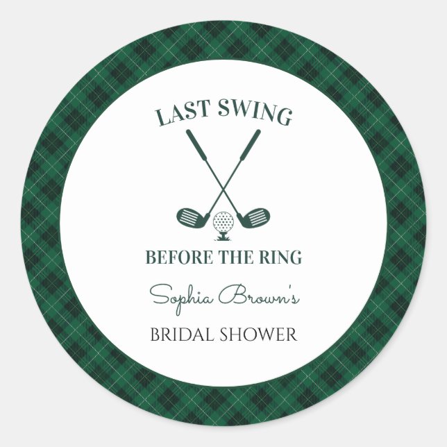 Green Gingham Golf Bridal Shower Classic Round Sticker (Front)