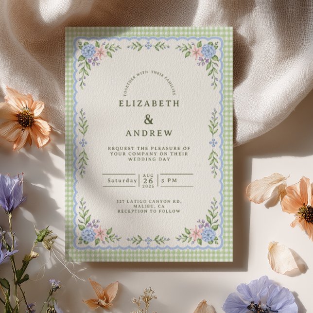 Green Gingham Hydrangea Preppy Wedding Invitation (Creator Uploaded)