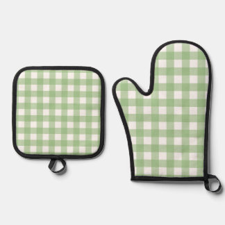 Green Gingham Kitchen Gloves Oven Mitt & Pot Holder Set