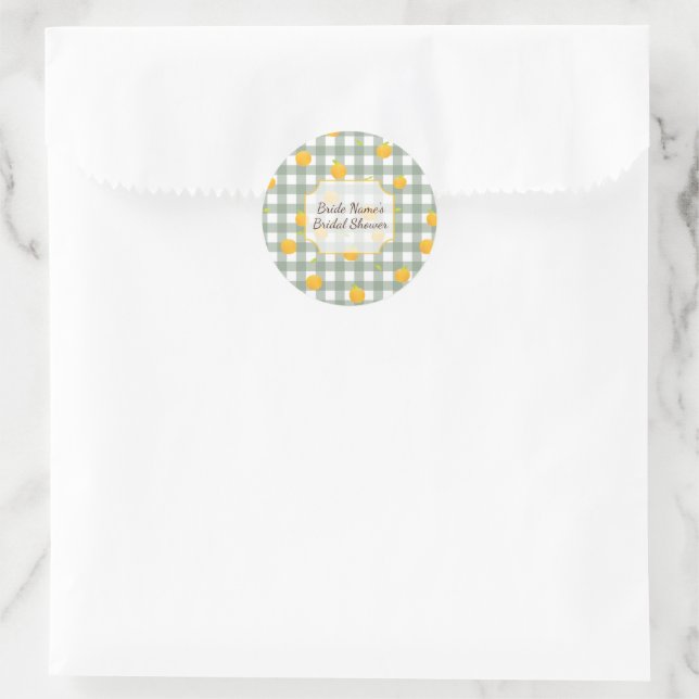 Green Gingham Lemon Picnic Plaid Shower Invitation Classic Round Sticker (Bag)