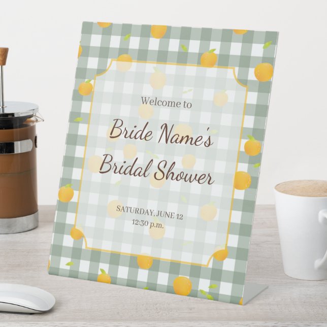 Green Gingham Lemon Picnic Plaid Shower Invitation Pedestal Sign (In SItu)