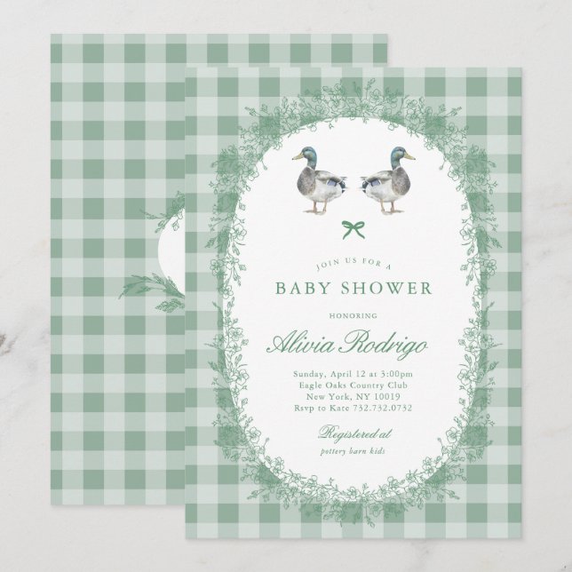 Green Gingham Mallard Duck Baby Shower Invitation (Front/Back)