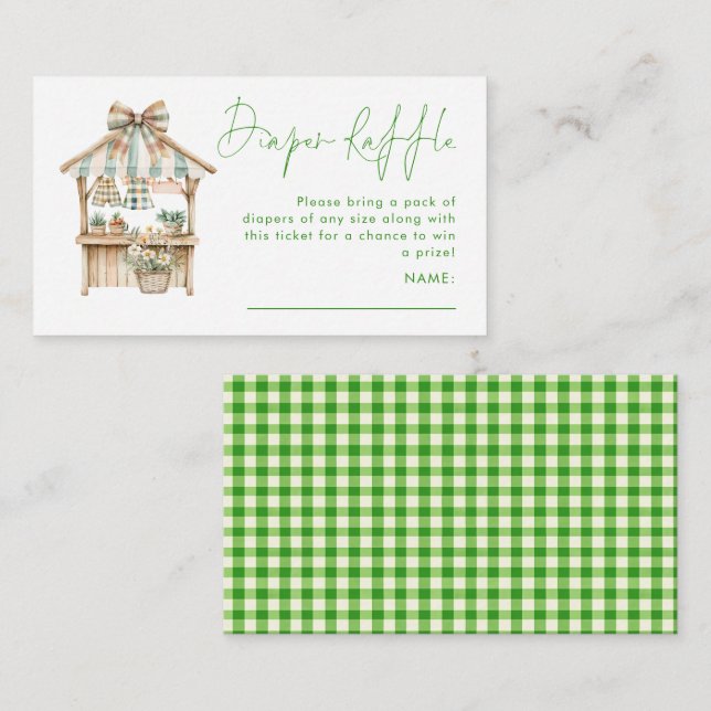 Green Gingham Market Diaper Raffle Baby Shower  Enclosure Card (Front/Back)