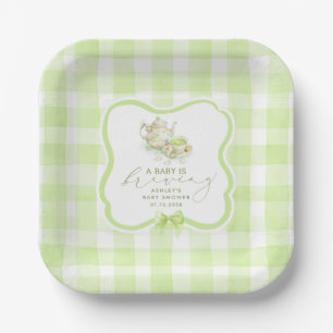 Green Gingham Matcha Tea Party Baby Shower Paper Plate