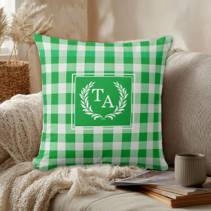 Green Gingham Monogram Crest Cushion