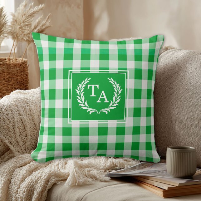 Green Gingham Monogram Crest Cushion (Green Gingham Monogram Crest Throw Pillow)