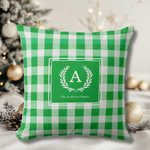 Green Gingham Monogram Crest Cushion