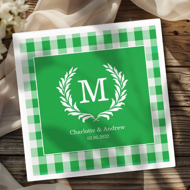Green Gingham Monogram Crest Custom Napkin (Green Gingham Monogram Crest Custom Napkins with your Monogram, names and Date.)