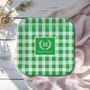 Green Gingham Monogram Crest Custom Paper Plate