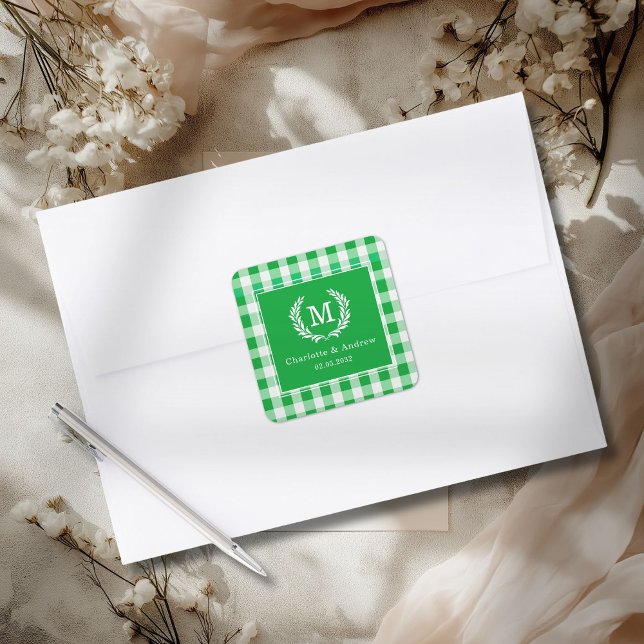 Green Gingham Monogram Crest Custom Square Sticker (Custom Green Gingham Monogram Crest Custom Square Sticker)