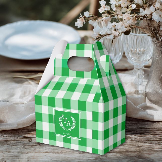 Green Gingham Monogram Crest Favour Box (Custom Green Gingham Monogram Crest Favor Boxes for your wedding or other Occasions.)