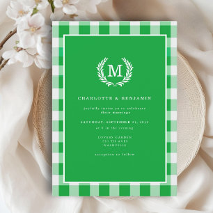 Green Gingham Monogram Crest Invitation