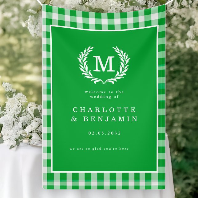 Green Gingham Monogram Crest Wedding Welcome Banner (Green Gingham Monogram Crest Wedding Welcome Banner)