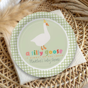 Green Gingham Neutral Silly Goose Baby Shower Paper Plate