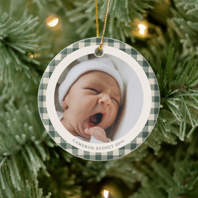 Green Gingham Newborn Photo Holiday Keepsake Ceramic Tree Decoration (Tree)