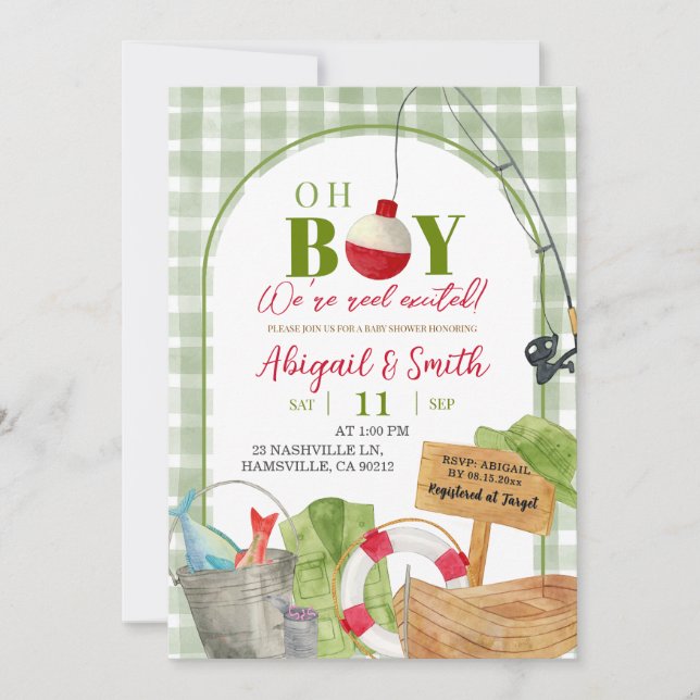 Green Gingham Oh Boy Fishing Baby Shower Invitation (Front)