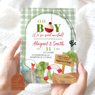 Green Gingham Oh Boy Fishing Baby Shower Invitation