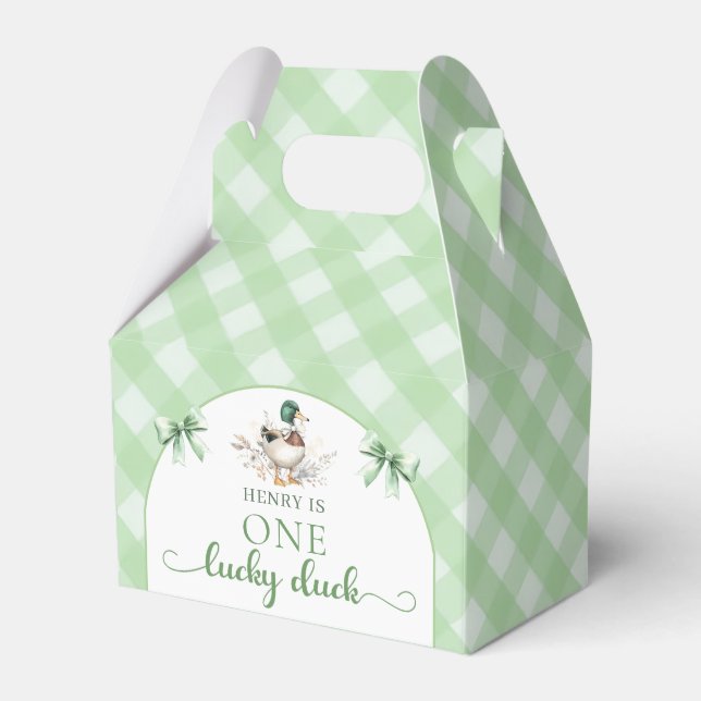 Green Gingham One Lucky Duck Birthday Favour Box (Front Side)