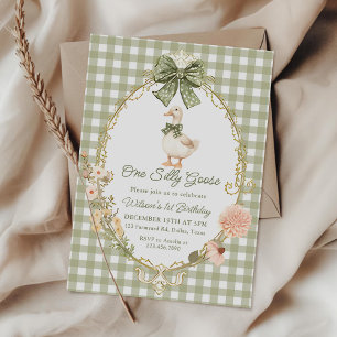 Green Gingham One Silly Goose 1st Birthday Invitation