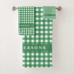 Green Gingham Personalised Family Name Bathroom Bath Towel Set