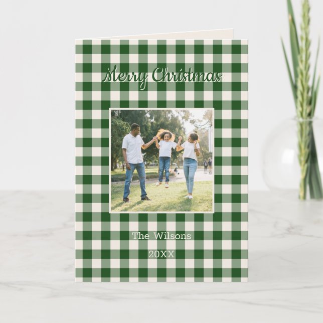 Green Gingham Plaid 2 Photo Christmas Holiday Card (Front)