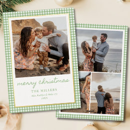 Green Gingham Plaid 4 Photo Family Christmas Gold Foil Holiday Card