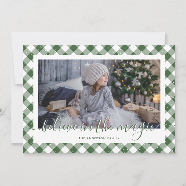 Green Gingham Plaid Believe In the Magic Photo Holiday Card (Front)