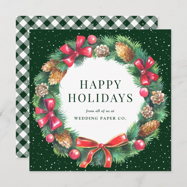 Green Gingham Plaid Christmas Wreath Corporate Holiday Card (Front/Back)