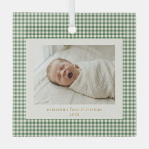 Green Gingham Plaid Custom Baby First Christmas Glass Tree Decoration