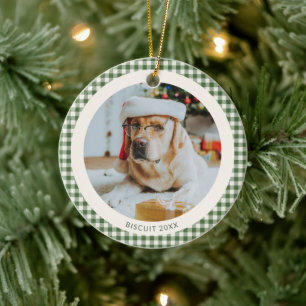 Green Gingham Plaid Custom Dog Pet Photo Christmas Ceramic Tree Decoration
