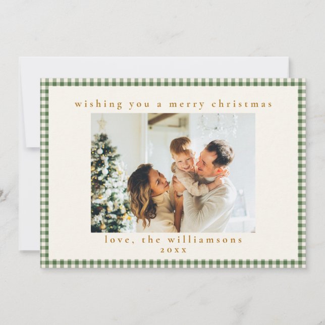 Green Gingham Plaid Custom Photo Letter Christmas Holiday Card (Front)