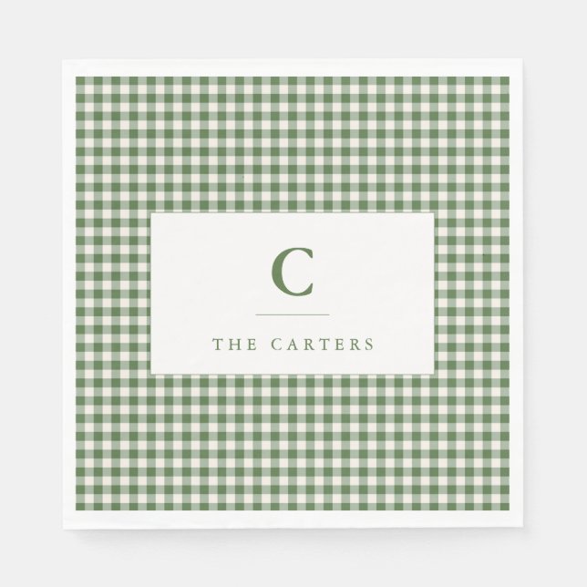 Green Gingham Plaid Family Name Monogram Initial Napkin (Front)