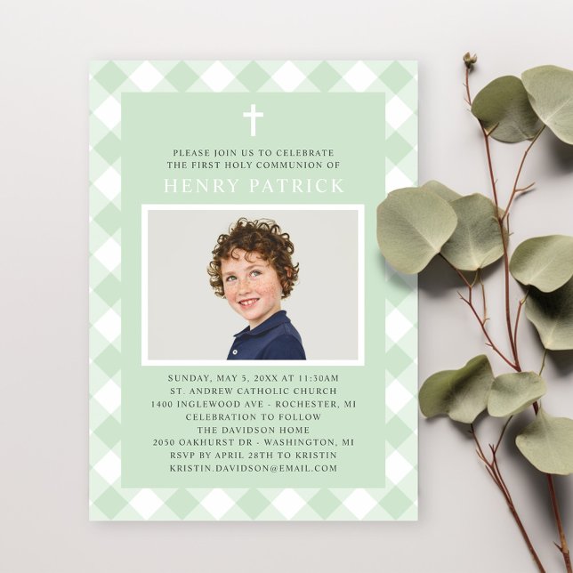 Green Gingham Plaid First Communion for Boy Photo Invitation (Creator Uploaded)