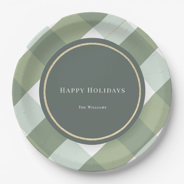 Green Gingham Plaid Gold Christmas Holiday Paper Plate (Front)