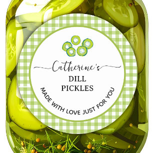 Green gingham plaid Homemade dill pickle Classic Round Sticker