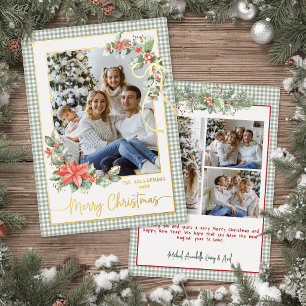 Green Gingham Plaid Photo Merry Christmas Gold Foil Holiday Card
