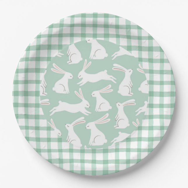 Green Gingham Plaid Rabbits Party Baby Shower Paper Plate (Front)