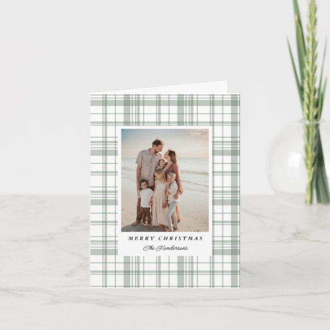 Green Gingham Plaid Tartan Christmas Photo Card (Front)