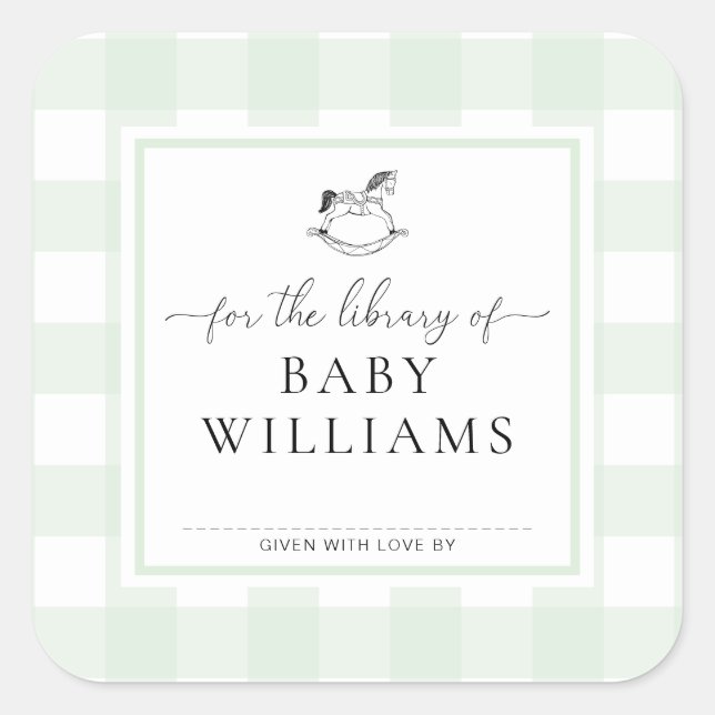Green Gingham Rocking Horse Library Of Bookplate Square Sticker (Front)
