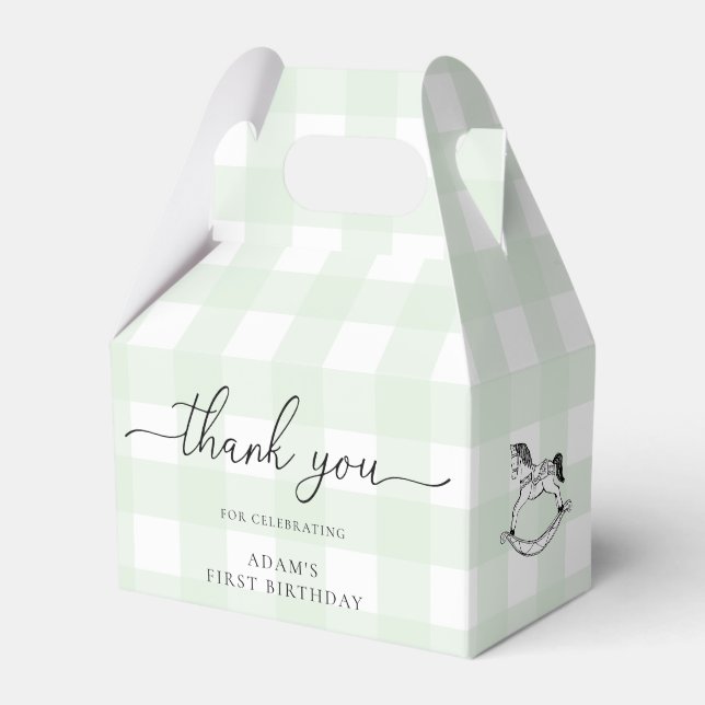 Green Gingham Rocking Horse Thank You Favour Box (Front Side)