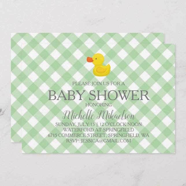 Green Gingham Rubber Duckie Baby Shower Invitation (Front/Back)