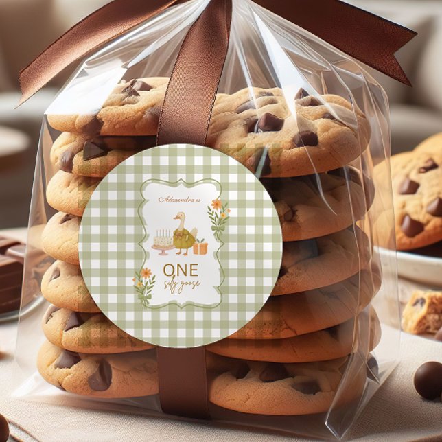  Green Gingham Silly Goose 1st Birthday Classic Round Sticker (Creator Uploaded)