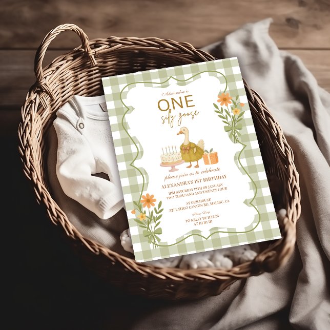  Green Gingham Silly Goose 1st Birthday Invitation (Creator Uploaded)