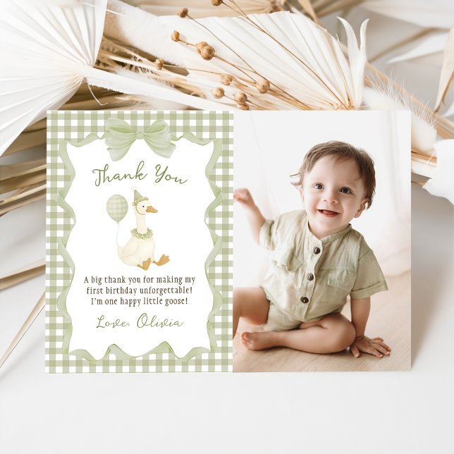 Green Gingham Silly Goose Birthday Photo Thank You Card (Creator Uploaded)