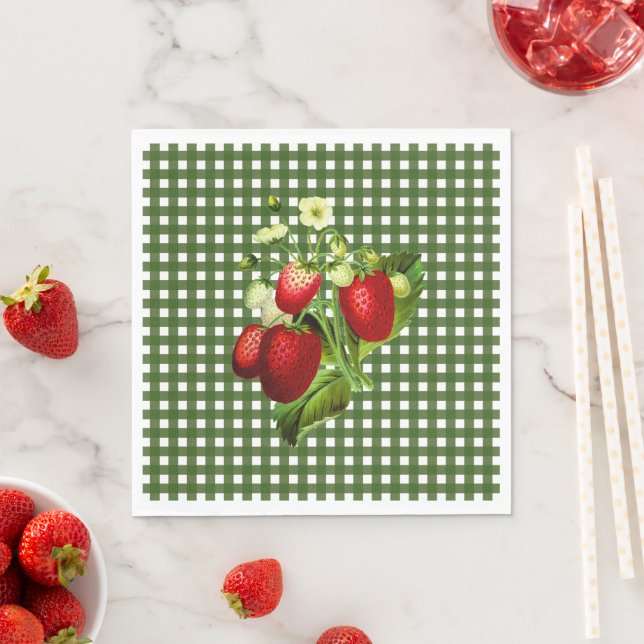 Green Gingham & Strawberries Luncheon Paper Napkin (Insitu)