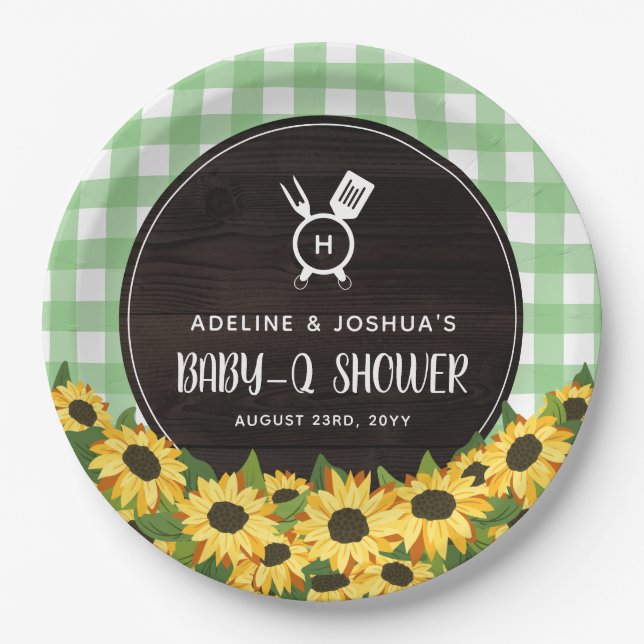 Green Gingham & Sunflowers Rustic Baby-Q Shower Paper Plate (Front)