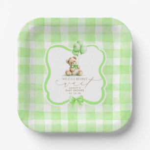 Green Gingham Teddy Bear Baby Shower Paper Plate